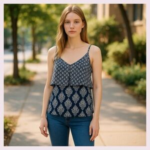 Two by Vince Camuto Navy Blue Patterned Women's Top - Rayon S